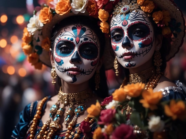 Hermanas mexicanas con maquillaje de cráneo de azúcar flores y velas celebrando el festival