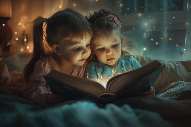 Foto hermanas que se unen a través de la lectura juntos en casa