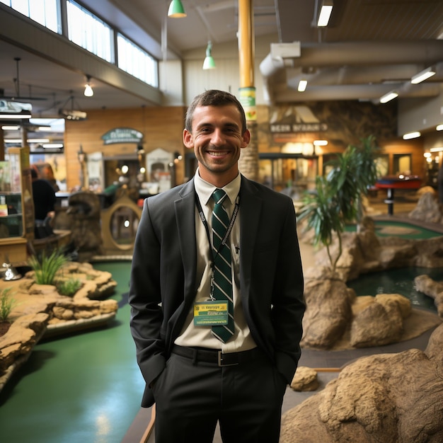 un hermano de finanzas marinas en un campo de minigolf cubierto