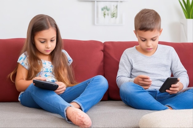 Foto hermano gemelo y hermana viendo un dispositivo móvil sentados en un sofá