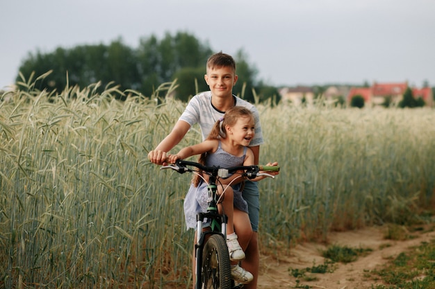 hermano y hermana andar en bicicleta por un campo de trigo