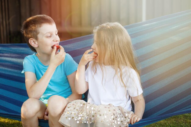 Hermano y hermana comiendo fresas sentados en la hamaca azul en el patio trasero