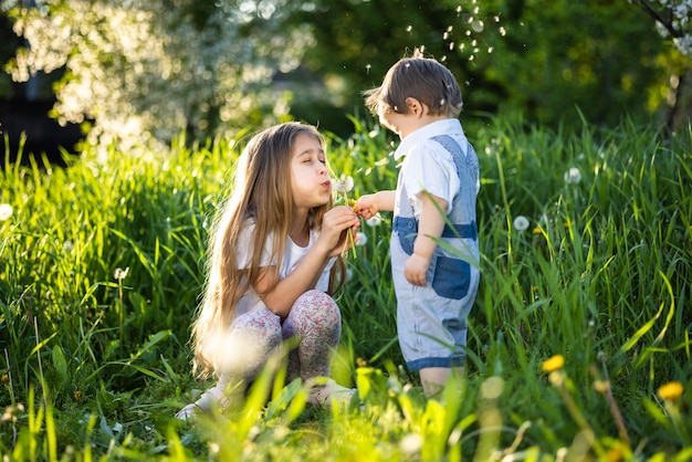 Hermano y hermana se divierten jugando con los dientes de león blancos, amarillos y esponjosos en flor en un cálido jardín de primavera