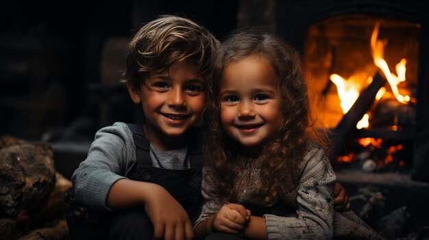 Hermano y hermana en el fondo de la chimenea