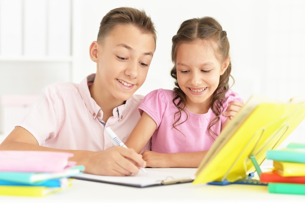 Hermano y hermana haciendo la tarea en casa