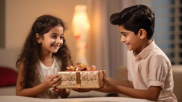 Hermano y hermana indios alegres intercambiando cajas de regalo durante el festival raksha bandhan