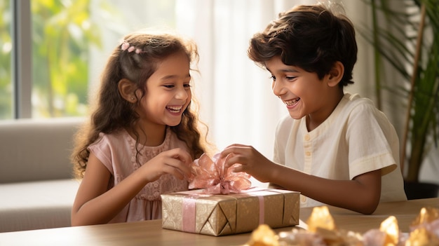 Hermano y hermana indios alegres intercambiando cajas de regalo durante el festival raksha bandhan