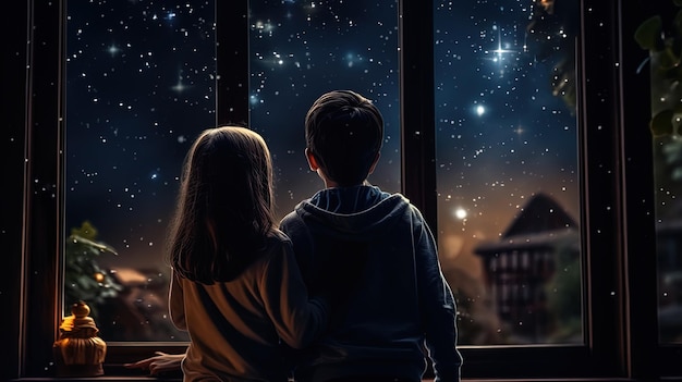 El hermano y la hermana menores esperando la aparición de la primera estrella miran por la ventana