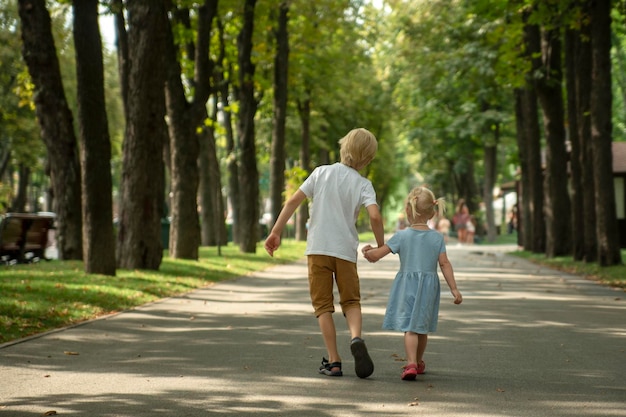 Hermano y hermana pequeños caminan en el parque El hermano mayor toma la mano de su hermana y camina por el callejón del parque Vista posterior