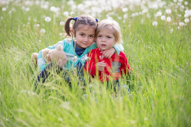 Hermano y hermana pequeños en el prado Los niños se sientan en la hierba Amigos en un campo de diente de león