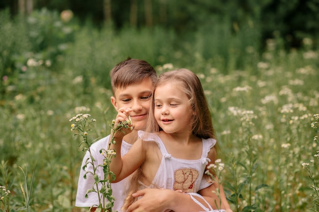 hermano y hermana en el prado de verano