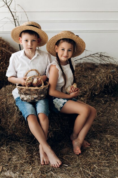 Hermano y hermana con sombreros de heno manteniendo pollitos