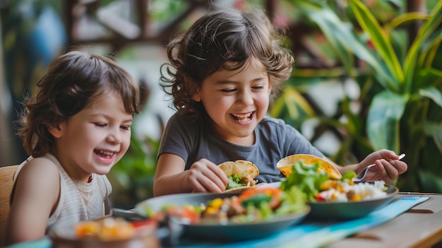 Hermano y hermana sosteniendo platos con frutas y verduras frescas mientras están sentados en la cocina en casa