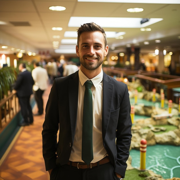 Un hermano de Marina Finance en un campo de minigolf cubierto