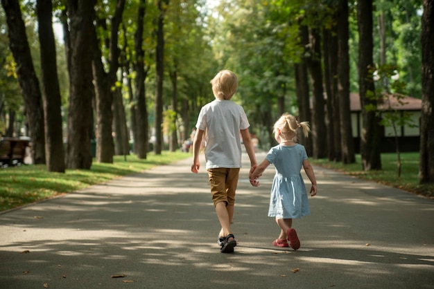 El hermano mayor toma la mano de su hermana y camina por el callejón del parque El hermano pequeño y la hermana caminan en el parque Vista posterior