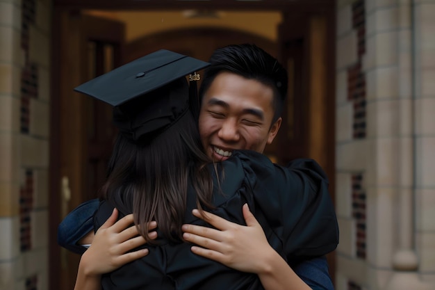 Foto un hermano orgulloso abraza a su hermana que se acaba de graduar concepto de graduación feliz