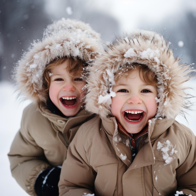 Hermanos alegres divirtiéndose en la nieve.