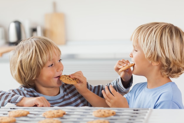 Hermanos comiendo galletas juntos