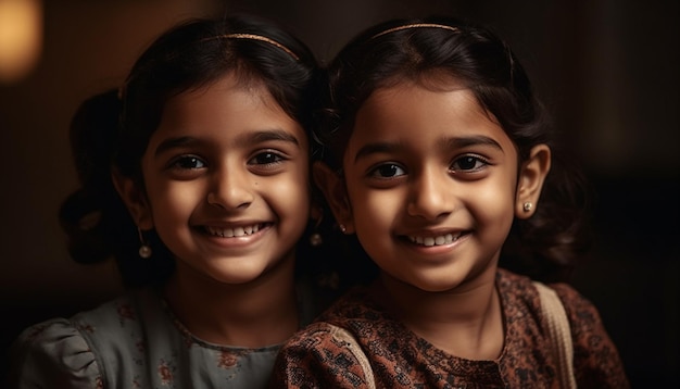 Hermanos felices de pie juntos sonriendo para una toma de retrato de estudio generada por IA