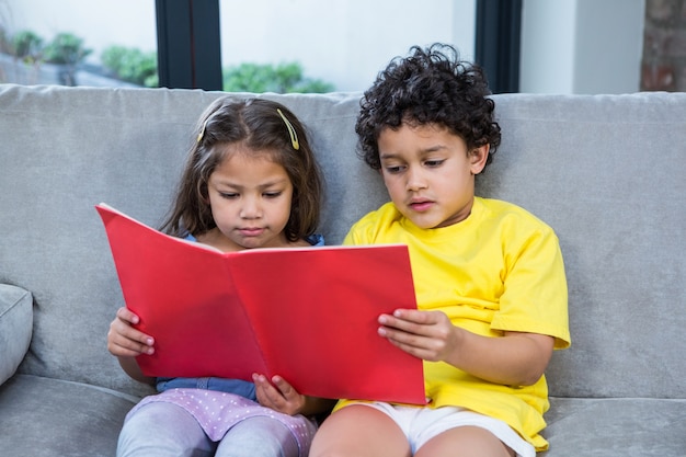 Hermanos lindos leyendo un libro en el sofá