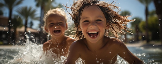 Los hermanos salpicando en la orilla de una piscina