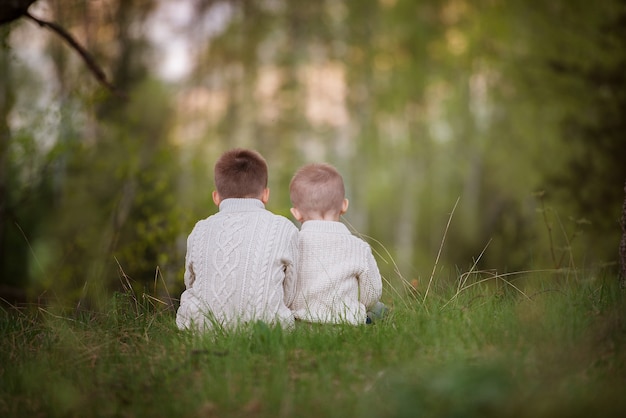 Hermanos sentados en el bosque y abrazándose.