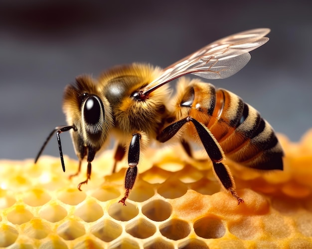 Hermosa abeja esponjosa y brillante sentada en el peine de miel de cera Fondo gris borroso Cerrar IA generativa