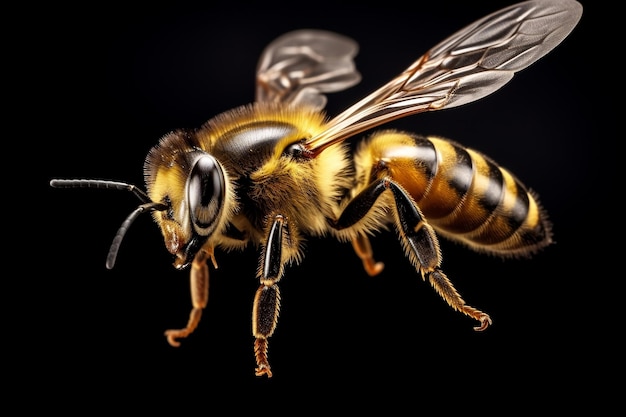Una hermosa abeja está volando sola contra un fondo negro Generativo Ai