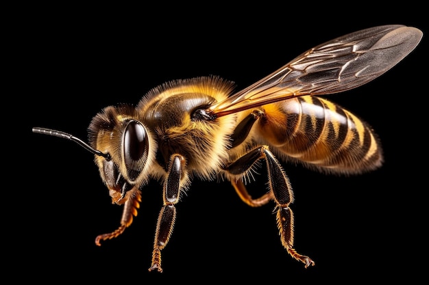 Una hermosa abeja está volando sola contra un fondo negro Generativo Ai