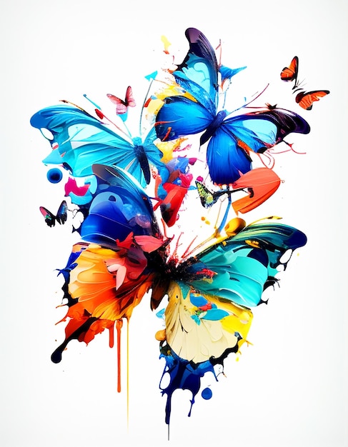 Hermosa abstracción de mariposas brillantes sobre un fondo blanco.