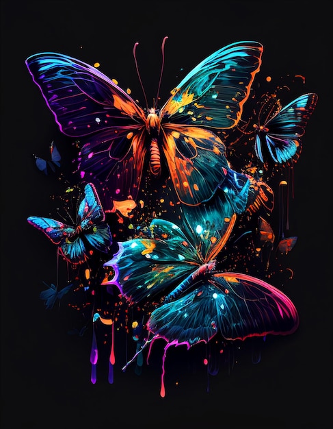 Hermosa abstracción de mariposas brillantes sobre un fondo negro