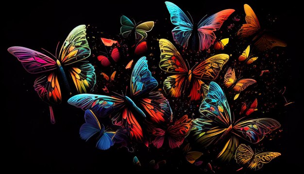Hermosa abstracción de mariposas brillantes sobre un fondo negro