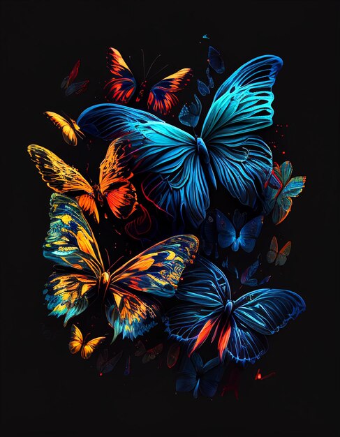 Hermosa abstracción de mariposas brillantes sobre un fondo negro