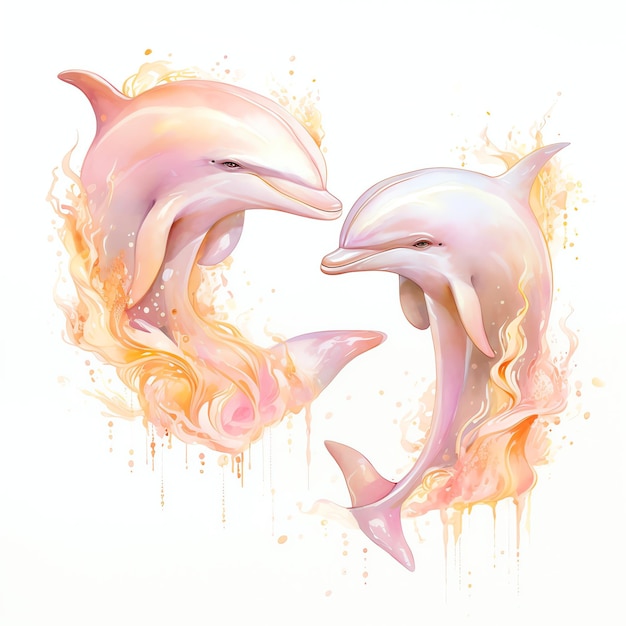 Foto hermosa acuarela de delfines juguetones rosados bajo la ilustración de imágenes prediseñadas del mar