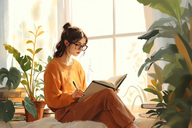 Una hermosa acuarela de una mujer escribiendo un libro