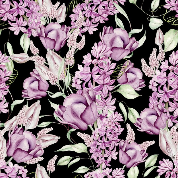 Hermosa acuarela de patrones sin fisuras con diferentes flores de jacinto tulipanes violeta Ilustración