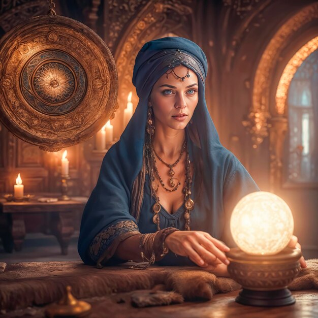 Foto una hermosa adivina misteriosa con ojos penetrantes predice el destino en una bola mágica