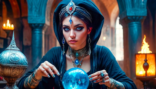 Una hermosa adivina misteriosa con ojos penetrantes predice el destino en una bola mágica