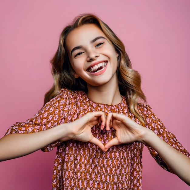 hermosa adolescente sonriente hace la forma de un corazón con sus manos en el fondo rosa