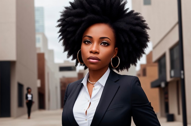 Hermosa afroamericana en traje de negocios en el fondo de la elegante mujer negra metropolitana en estilo clásico en el centro de la IA generativa