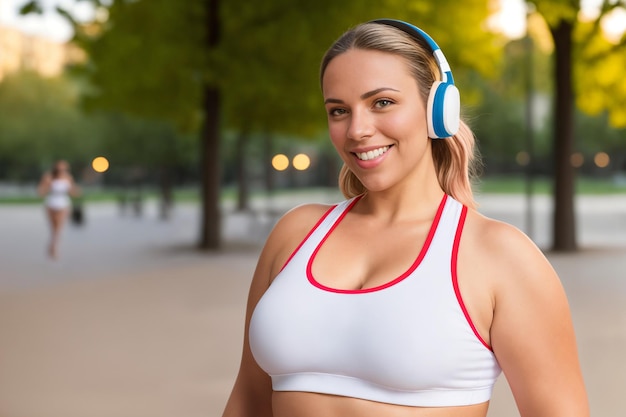 Hermosa y alegre mujer joven caucásica de talla grande al aire libre Mujer con curvas bastante sobrepeso