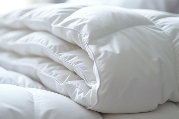 Hermosa almohada blanca cómoda de lujo y manta en la decoración de la cama Edredón de plumas blanco de lujo