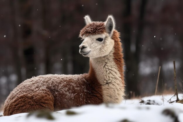 Hermosa alpaca en el bosque nevado Animal en el bosque de invierno