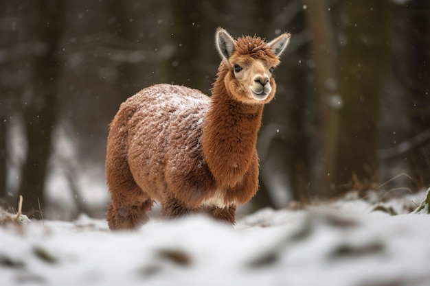 Hermosa alpaca en el bosque nevado Animal en el bosque de invierno