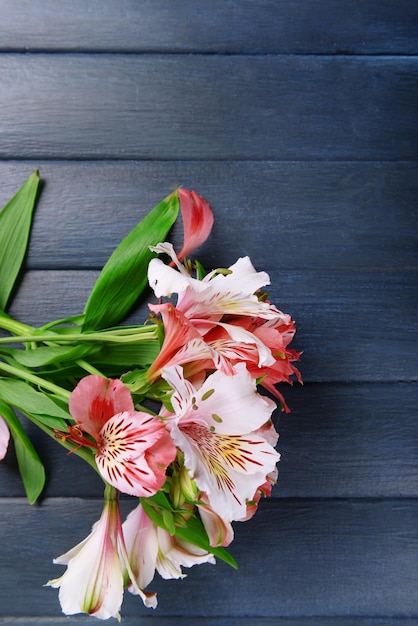 Hermosa alstroemeria sobre fondo de madera