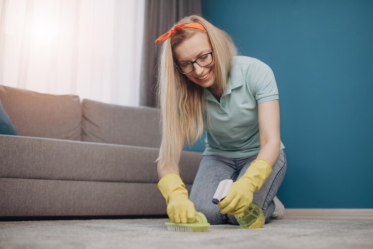 Hermosa ama de casa limpiando alfombras con cepillo y detergente