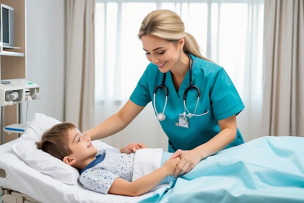 Una hermosa y amable enfermera que cuida de un niño hospitalizado en la cama Una enfermera feliz coloca las sábanas de vuelta al niño paciente acostado en la cama del hospital Una trabajadora médica con un niño paciente