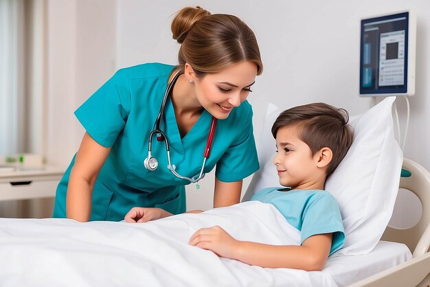 Foto una hermosa y amable enfermera que cuida de un niño hospitalizado en la cama una enfermera feliz coloca las sábanas de vuelta al niño paciente acostado en la cama del hospital una trabajadora médica con un niño paciente