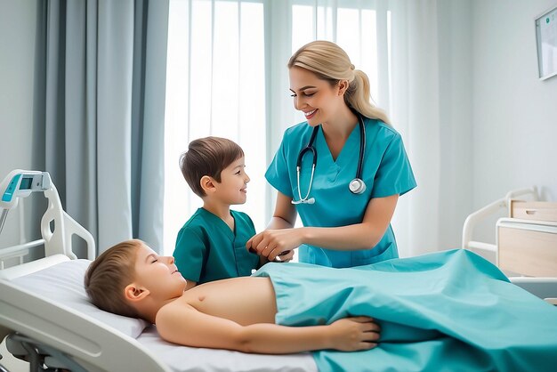 Una hermosa y amable enfermera que cuida de un niño hospitalizado en la cama Una enfermera feliz coloca las sábanas de vuelta al niño paciente acostado en la cama del hospital Una trabajadora médica con un niño paciente