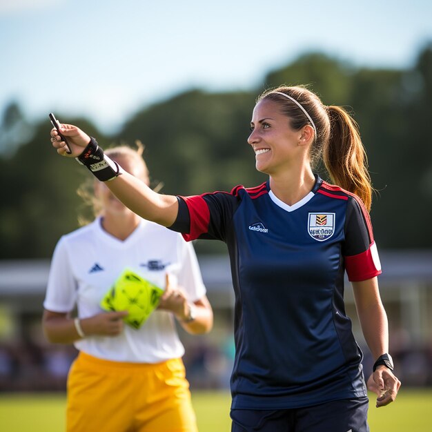 Foto hermosa árbitra femenina en un partido de fútbol